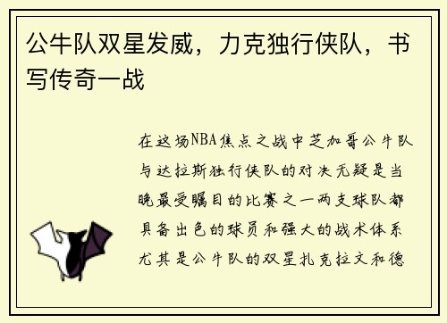 公牛队双星发威，力克独行侠队，书写传奇一战