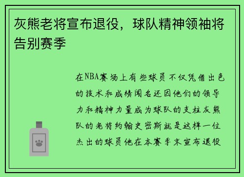 灰熊老将宣布退役，球队精神领袖将告别赛季